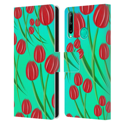 Grace Illustration Lovely Floral Red Tulips Leather Book Wallet Case Cover For Huawei P40 lite E
