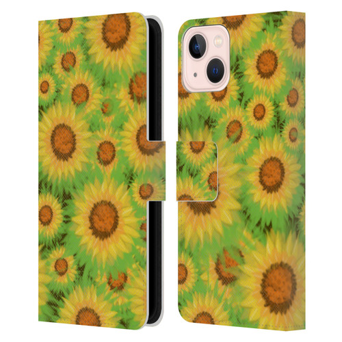 Grace Illustration Lovely Floral Sunflower Leather Book Wallet Case Cover For Apple iPhone 13