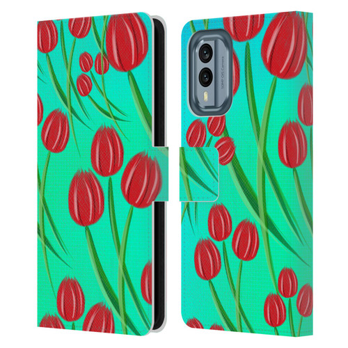 Grace Illustration Lovely Floral Red Tulips Leather Book Wallet Case Cover For Nokia X30