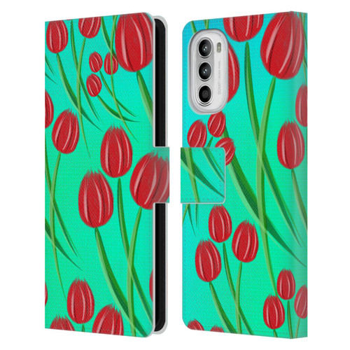 Grace Illustration Lovely Floral Red Tulips Leather Book Wallet Case Cover For Motorola Moto G52