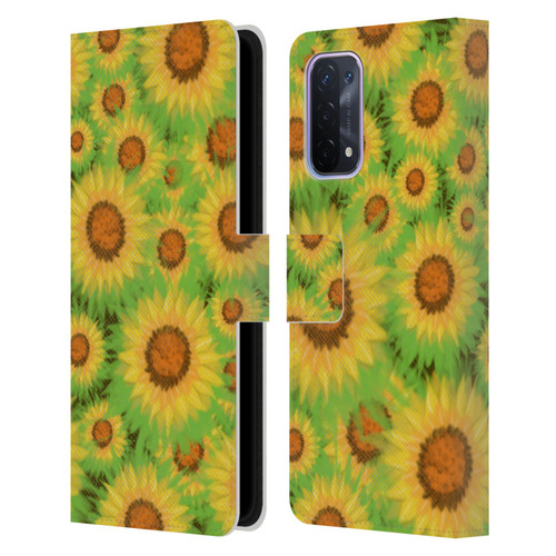 Grace Illustration Lovely Floral Sunflower Leather Book Wallet Case Cover For OPPO A54 5G