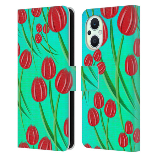 Grace Illustration Lovely Floral Red Tulips Leather Book Wallet Case Cover For OPPO Reno8 Lite