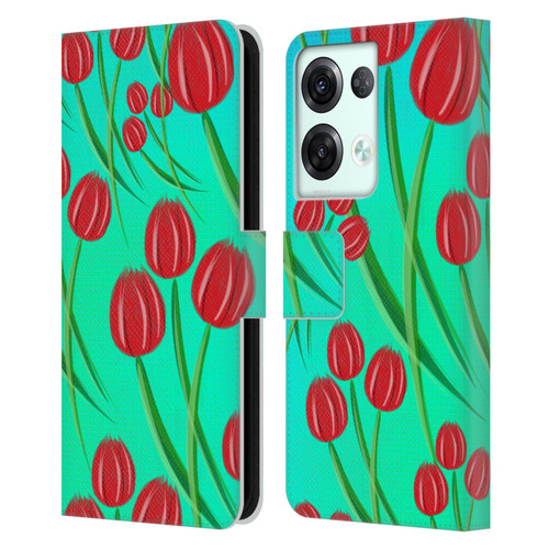 Grace Illustration Lovely Floral Red Tulips Leather Book Wallet Case Cover For OPPO Reno8 Pro