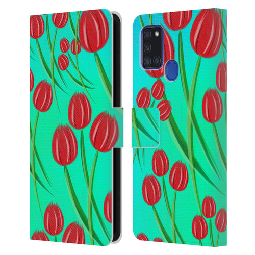 Grace Illustration Lovely Floral Red Tulips Leather Book Wallet Case Cover For Samsung Galaxy A21s (2020)