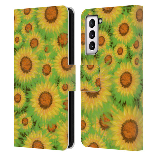 Grace Illustration Lovely Floral Sunflower Leather Book Wallet Case Cover For Samsung Galaxy S21 5G