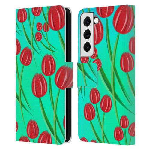 Grace Illustration Lovely Floral Red Tulips Leather Book Wallet Case Cover For Samsung Galaxy S22 5G