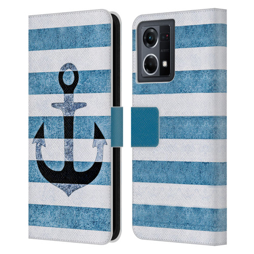 Monika Strigel Vintage Anchors Indigo Leather Book Wallet Case Cover For OPPO Reno8 4G