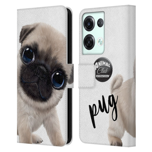 Animal Club International Faces Pug Leather Book Wallet Case Cover For OPPO Reno8 Pro