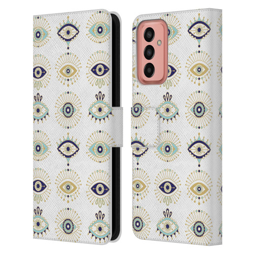 Cat Coquillette Linear White Evil Eyes Pattern Leather Book Wallet Case Cover For Samsung Galaxy M13 (2022)