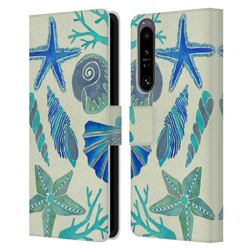 Cat Coquillette Sea Seashells Blue Leather Book Wallet Case Cover For Sony Xperia 1 IV