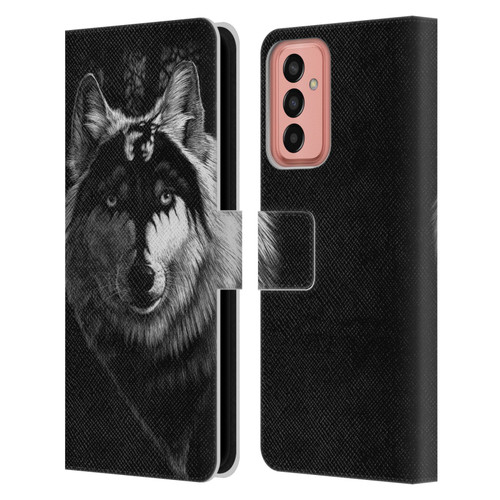 Stanley Morrison Black And White Gray Wolf With Dragon Marking Leather Book Wallet Case Cover For Samsung Galaxy M13 (2022)