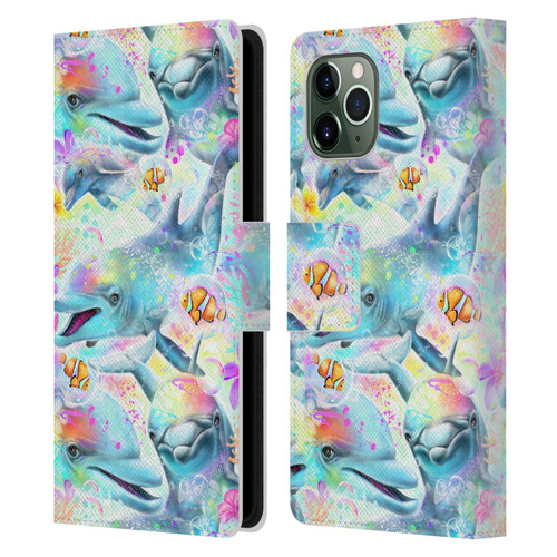 Sheena Pike Animals Rainbow Dolphins & Fish Leather Book Wallet Case Cover For Apple iPhone 11 Pro