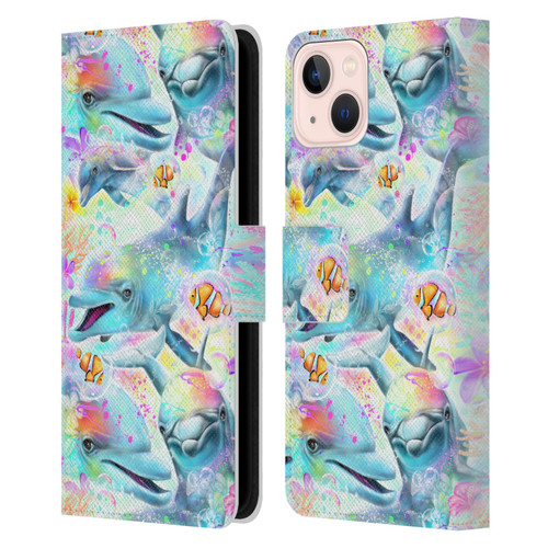Sheena Pike Animals Rainbow Dolphins & Fish Leather Book Wallet Case Cover For Apple iPhone 13