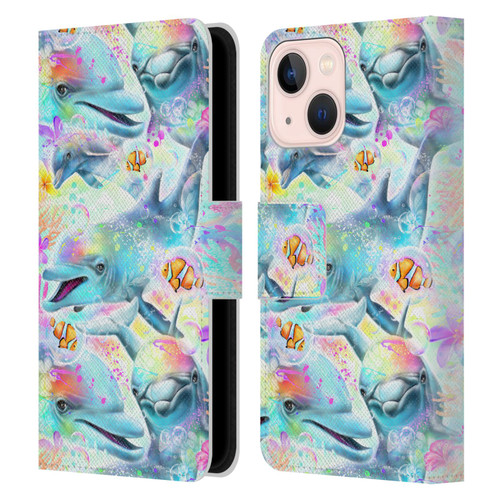 Sheena Pike Animals Rainbow Dolphins & Fish Leather Book Wallet Case Cover For Apple iPhone 13 Mini