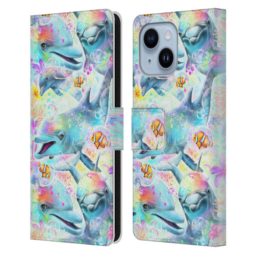 Sheena Pike Animals Rainbow Dolphins & Fish Leather Book Wallet Case Cover For Apple iPhone 14 Plus