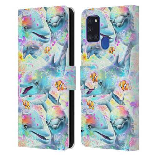 Sheena Pike Animals Rainbow Dolphins & Fish Leather Book Wallet Case Cover For Samsung Galaxy A21s (2020)