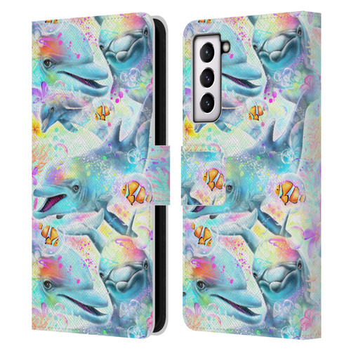 Sheena Pike Animals Rainbow Dolphins & Fish Leather Book Wallet Case Cover For Samsung Galaxy S21 5G