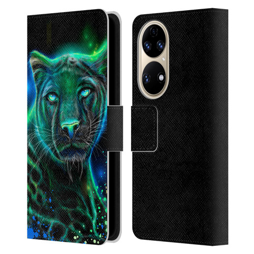 Sheena Pike Big Cats Neon Blue Green Panther Leather Book Wallet Case Cover For Huawei P50
