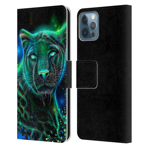 Sheena Pike Big Cats Neon Blue Green Panther Leather Book Wallet Case Cover For Apple iPhone 12 / iPhone 12 Pro