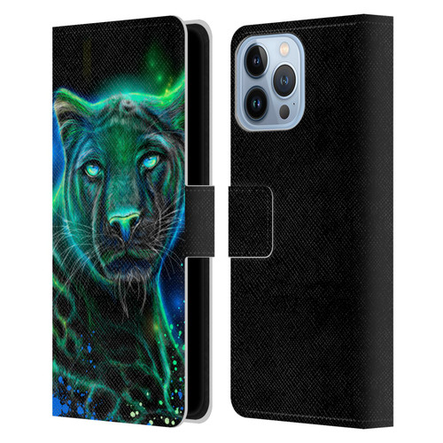 Sheena Pike Big Cats Neon Blue Green Panther Leather Book Wallet Case Cover For Apple iPhone 13 Pro Max