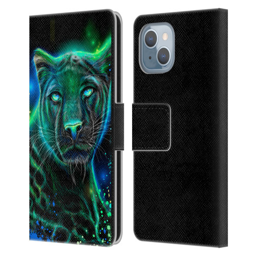 Sheena Pike Big Cats Neon Blue Green Panther Leather Book Wallet Case Cover For Apple iPhone 14