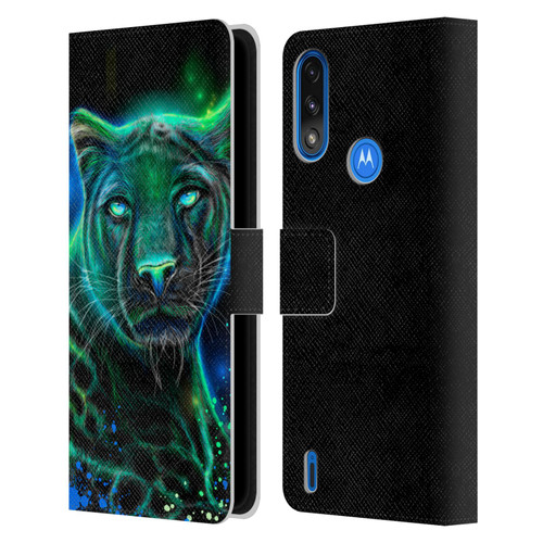 Sheena Pike Big Cats Neon Blue Green Panther Leather Book Wallet Case Cover For Motorola Moto E7 Power / Moto E7i Power