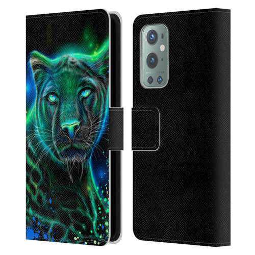 Sheena Pike Big Cats Neon Blue Green Panther Leather Book Wallet Case Cover For OnePlus 9