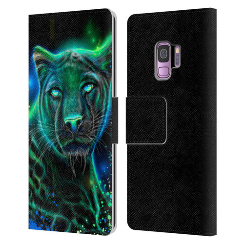 Sheena Pike Big Cats Neon Blue Green Panther Leather Book Wallet Case Cover For Samsung Galaxy S9