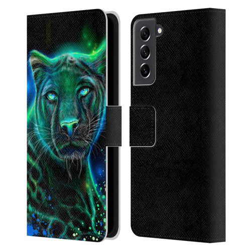 Sheena Pike Big Cats Neon Blue Green Panther Leather Book Wallet Case Cover For Samsung Galaxy S21 FE 5G