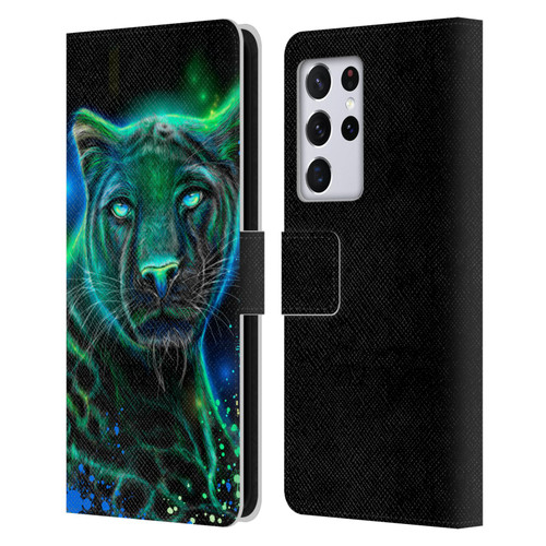 Sheena Pike Big Cats Neon Blue Green Panther Leather Book Wallet Case Cover For Samsung Galaxy S21 Ultra 5G