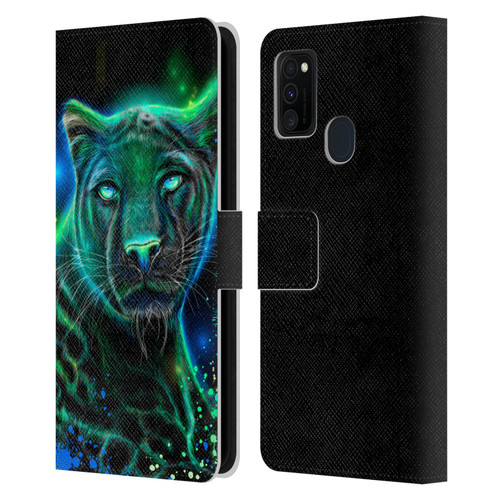 Sheena Pike Big Cats Neon Blue Green Panther Leather Book Wallet Case Cover For Samsung Galaxy M30s (2019)/M21 (2020)