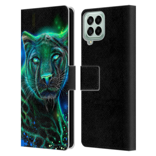 Sheena Pike Big Cats Neon Blue Green Panther Leather Book Wallet Case Cover For Samsung Galaxy M53 (2022)