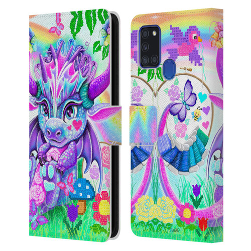 Sheena Pike Dragons Cross-Stitch Lil Dragonz Leather Book Wallet Case Cover For Samsung Galaxy A21s (2020)