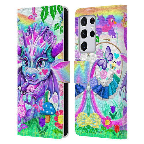 Sheena Pike Dragons Cross-Stitch Lil Dragonz Leather Book Wallet Case Cover For Samsung Galaxy S21 Ultra 5G