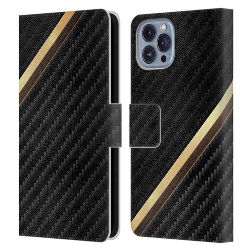 Alyn Spiller Carbon Fiber Gold Leather Book Wallet Case Cover For Apple iPhone 14