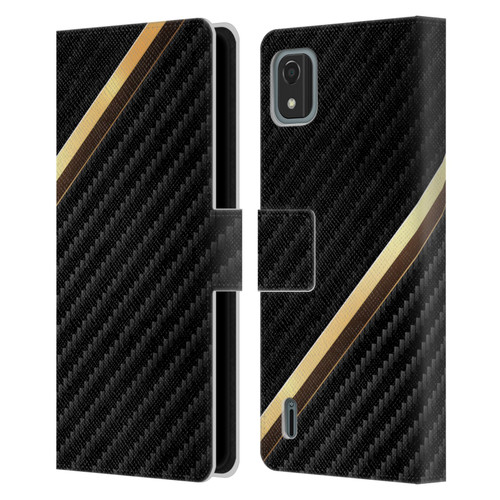 Alyn Spiller Carbon Fiber Gold Leather Book Wallet Case Cover For Nokia C2 2nd Edition