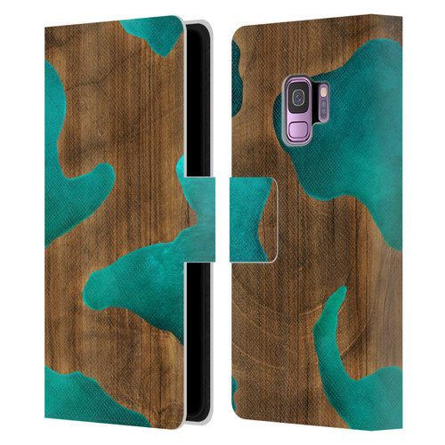 Alyn Spiller Wood & Resin Aqua Leather Book Wallet Case Cover For Samsung Galaxy S9