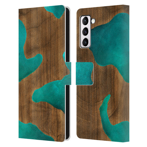 Alyn Spiller Wood & Resin Aqua Leather Book Wallet Case Cover For Samsung Galaxy S21+ 5G