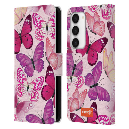 emoji® Butterflies Pink And Purple Leather Book Wallet Case Cover For Samsung Galaxy S23 5G