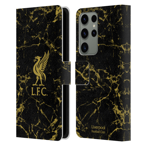 Liverpool Football Club Crest & Liverbird Patterns 1 Black & Gold Marble Leather Book Wallet Case Cover For Samsung Galaxy S23 Ultra 5G