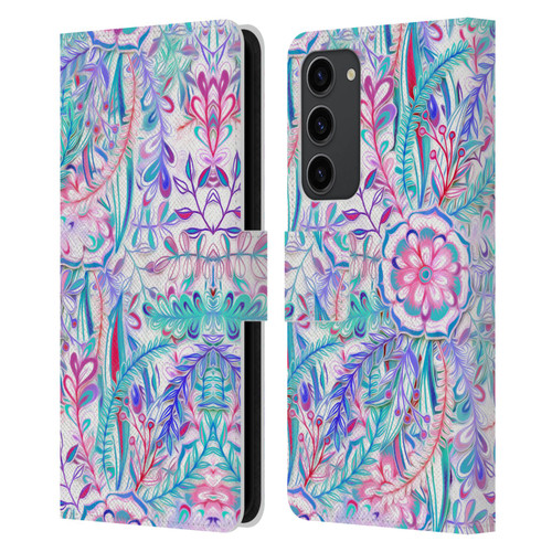 Micklyn Le Feuvre Florals Burst in Pink and Teal Leather Book Wallet Case Cover For Samsung Galaxy S23+ 5G