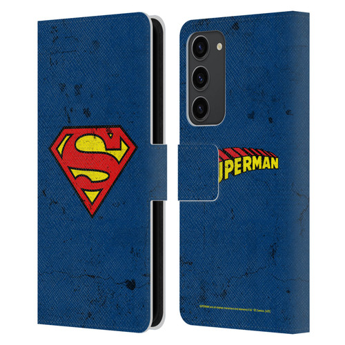 Superman DC Comics Logos Distressed Leather Book Wallet Case Cover For Samsung Galaxy S23+ 5G