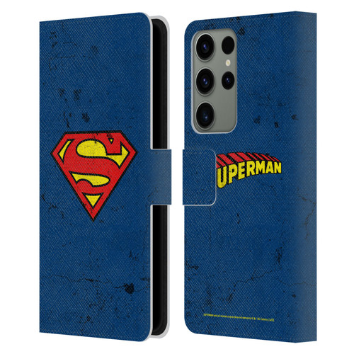 Superman DC Comics Logos Distressed Leather Book Wallet Case Cover For Samsung Galaxy S23 Ultra 5G