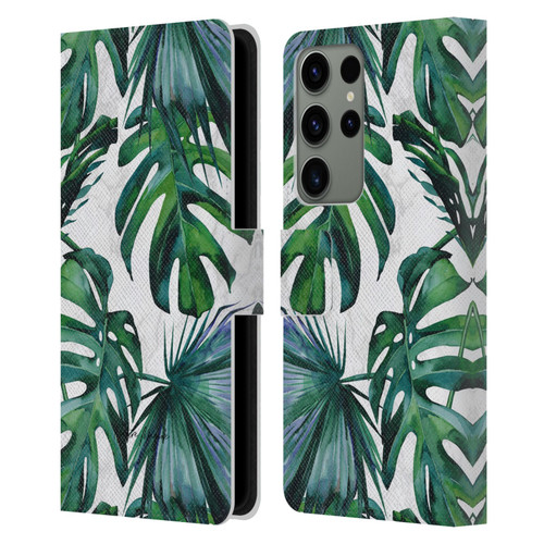 Nature Magick Tropical Palm Leaves On Marble Green Tropics Leather Book Wallet Case Cover For Samsung Galaxy S23 Ultra 5G