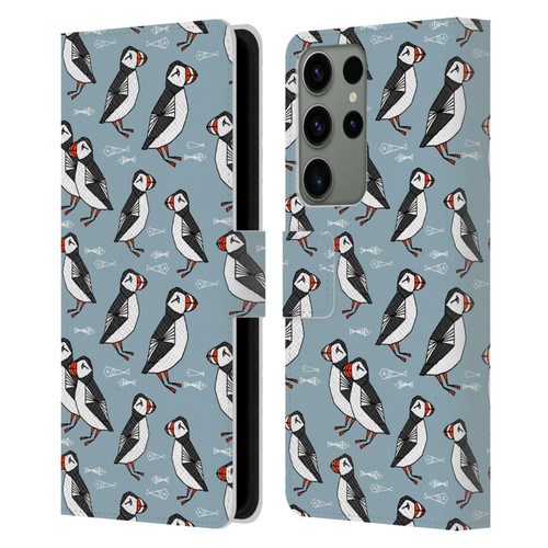 Andrea Lauren Design Birds Puffins Leather Book Wallet Case Cover For Samsung Galaxy S23 Ultra 5G