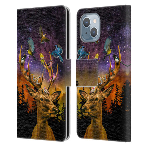 Dave Loblaw Animals Deer and Birds Leather Book Wallet Case Cover For Apple iPhone 14