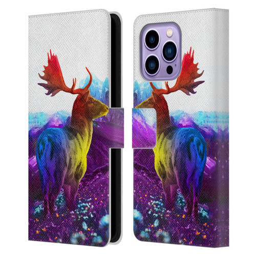 Dave Loblaw Animals Purple Mountain Deer Leather Book Wallet Case Cover For Apple iPhone 14 Pro Max