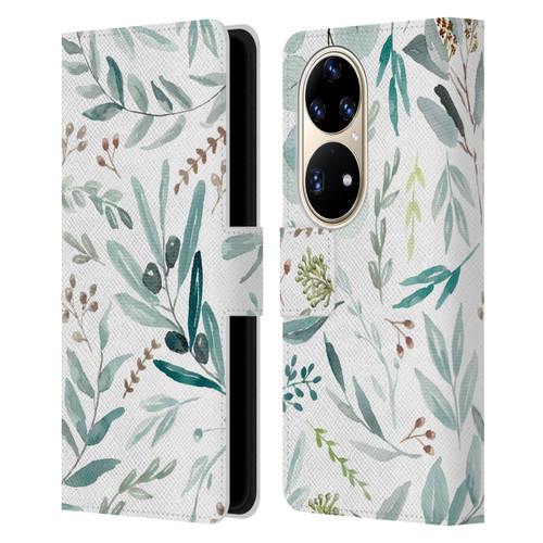 Anis Illustration Bloomers Eucalyptus Leather Book Wallet Case Cover For Huawei P50 Pro