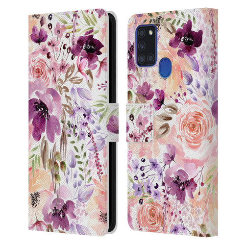 Anis Illustration Flower Pattern 3 Floral Chaos Leather Book Wallet Case Cover For Samsung Galaxy A21s (2020)