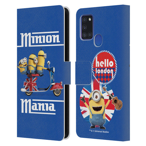 Minions Minion British Invasion Union Jack Scooter Leather Book Wallet Case Cover For Samsung Galaxy A21s (2020)
